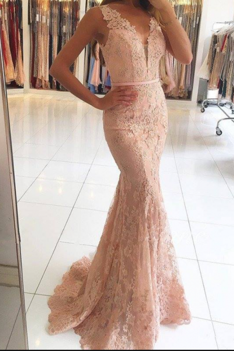 Elegant Lace Mermaid Prom Dresses Beading Sleeveless Long Evening Gowns