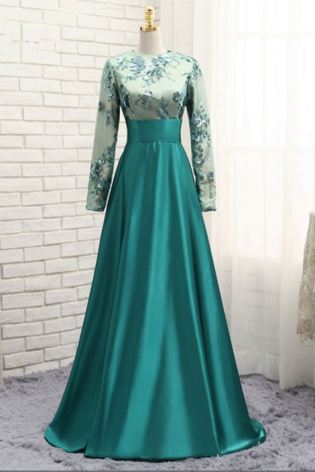A-line Long Sleeves Satin Sequins Elegant Long Saudi Arabic Evening Gown Prom Dresses ,custom Made,party Gown,evening Dress