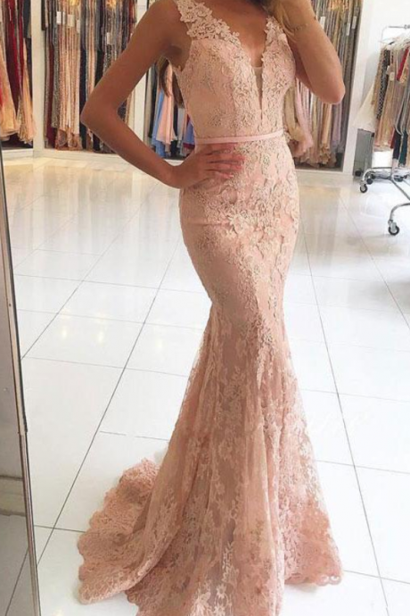 High Quality Mermaid V-neck Sleeveless Pearl Pink Lace Long Prom/evening Dresses With Sweep Train
