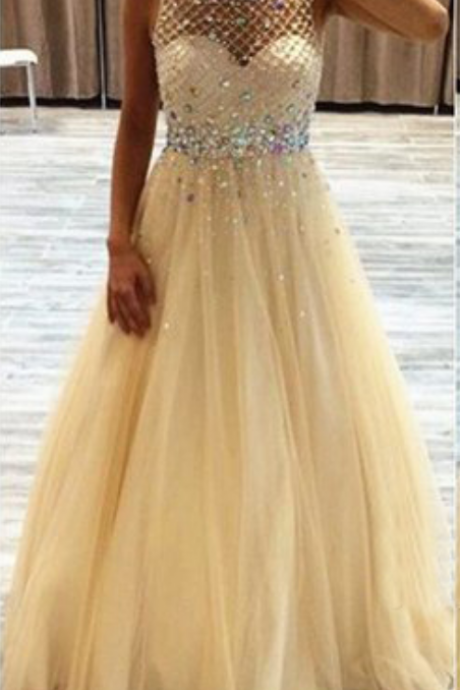 Yellow Tulle Backless Prom Dresses , Backless Beading Bodice Evening Dresses