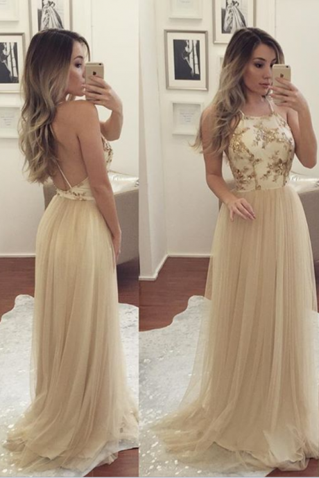 Champagne Halter Prom Dress, Backless Tulle Formal Gown,long Party Dress