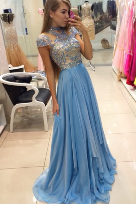 Cap Sleeves A Line Floor Length Formal Customized Long Prom Dresses