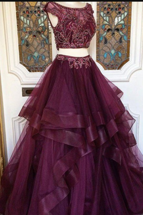Two Pieces Burgundy Sequin Prom Dress, Long Burgundy Evening Dress