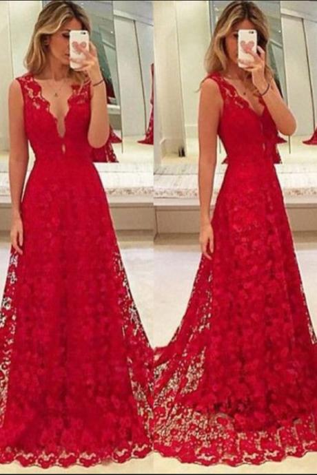 Custom Made Red Lace Prom Dress,v-neck Party Dress,sleeveless Party Dress,high Quality
