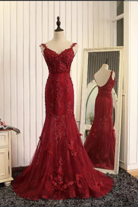 Wine Red Evening Dress,mermaid Evening Gowns,burgundy Prom Dress,lace Prom Dress