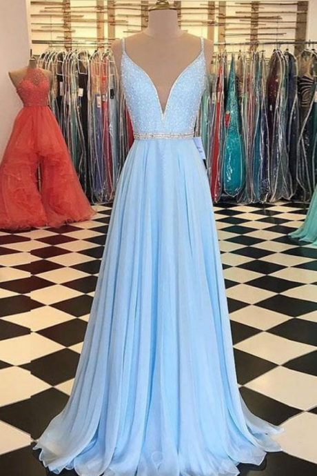 Sky Blue V Neck Prom Dresses Floor Length Evening Gowns Women Formal Party Dress