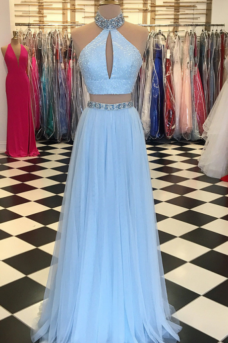 Sky Blue Two Piece Prom Dresses Real Photos Floor Length Evening Gowns A Line Formal Party Dress