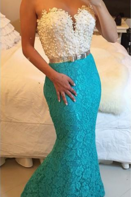 Sexy Prom Dresses Mermaid Turquoise Ivory Sweetheart Lace Formal Evening Party Gowns Sexy Formal Dresses