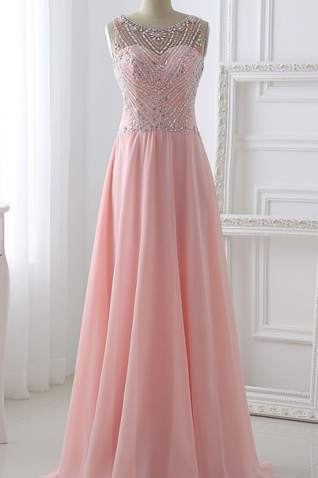 Pink Prom Dress , Chiffon Prom Dress , Beadings Prom Dress, O Neck Sleeveless Prom Dress , Wedding And Party Dress