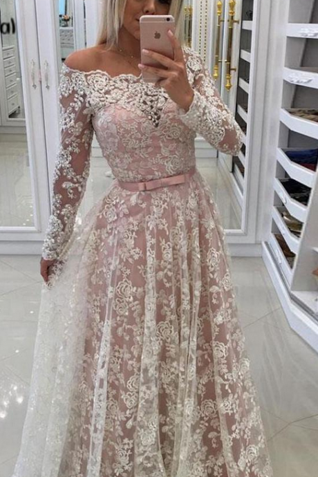 Off Shoulder Prom Dresses Long With Long Sleeves Lace Appliques Sashes Formal Evening Gown Prom Dresses Long For Women