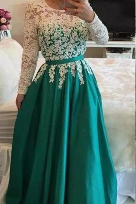 Elegant Formal Evening Dresses Jewel Neck Lace Top Satin Skirt Long Sleeves Vestidos De Noche Largos Dresses Evening Wear