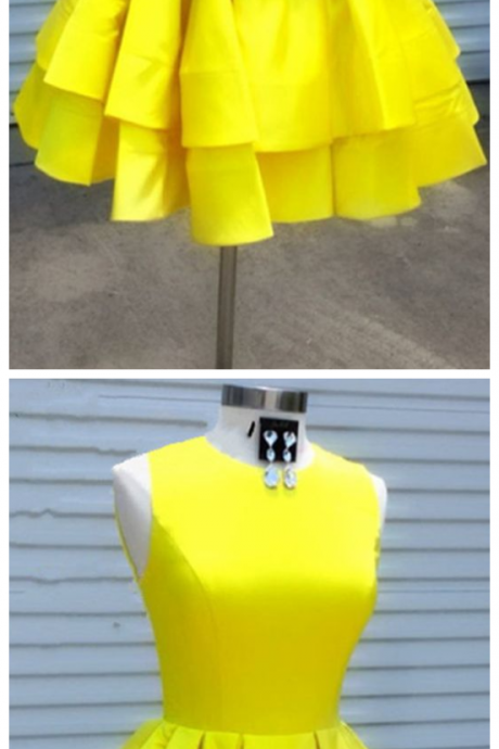 Short Yellow Satin Scoop Neckline Ruffles Hem Prom Homecoming Dresses For Semi Formal Occasions