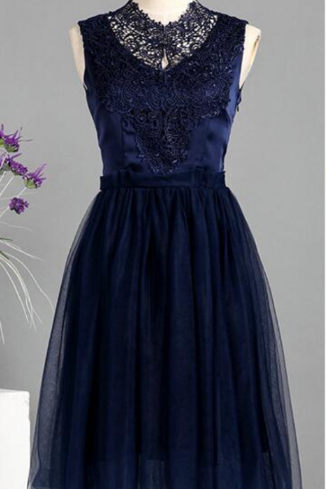 Navy Blue High Neck Floral Lace Top Short Homecoming Dress