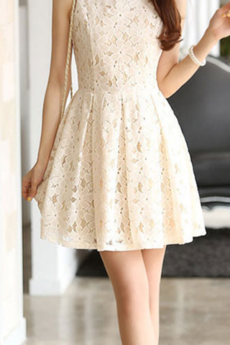 Sleeveless Beige Bodycon Lace Skater Dress Ruffled Skirt Tunique