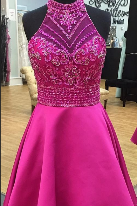 Modern Round Neck Illusion Back Short Rose Pink Prom/homecoming Dress With Beading Rhinestone