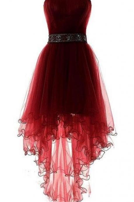 Dark Wine Red Tulle Sleeveless Homecoming Dresses, Asymmetry Prom Dresses, High Low Beaded Formal Dresses