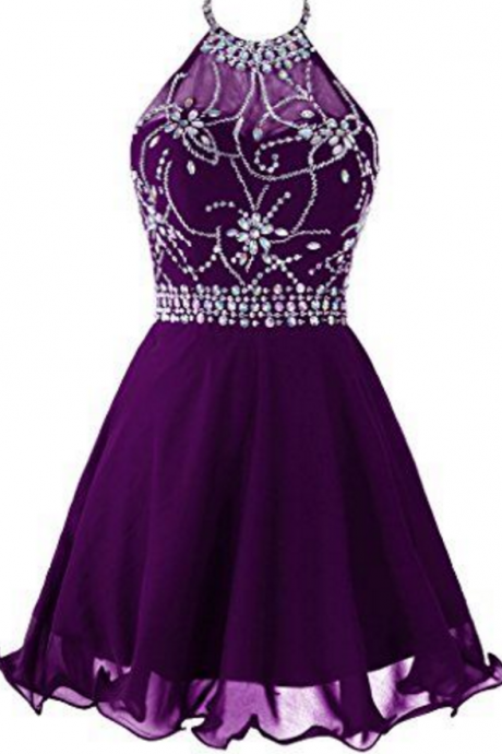 Purple Crystal And Rhinestone Beaded Short Chiffon Homecoming Dress