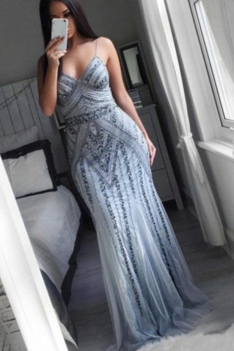 Mermaid Spaghetti Straps Grey Tulle Prom Dress With Sequins