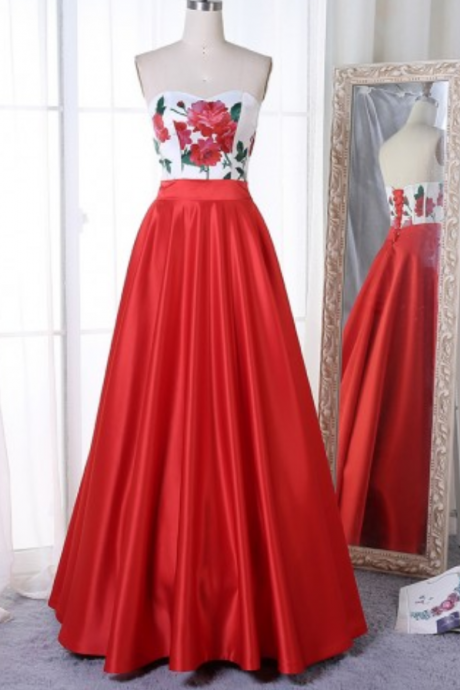 A-line Sweetheart Floor-length Red Satin Prom Dress With Floral Top