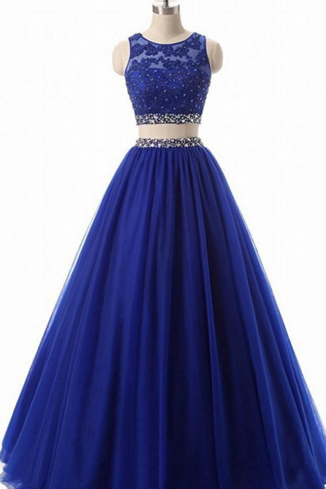 Royal Blue Jewel Neck Two Piece Prom Dresses Appliqus Beaded Formal Evening Dresses Party Gowns Robe De Soiree Special Occasion Dresses