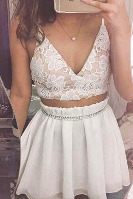 Homecoming Dress, Prom Dresses,homecoming Dresses,two Piece Homecoming Dress,v Neck Mini Dress,a Line Party Dress,lace Applique Party Dress,short