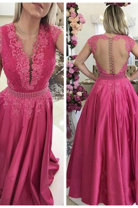 Latest Fuchsia Jewel Neck Chiffon A-line Evening Dresses Button Back Appliques Pearls Formal Evening Gowns Vestido De Noche Prom Dresses