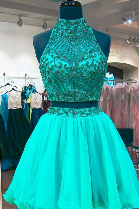 Emerald Green Two Piece Homecoming Dresses Beadings Stylish Short Tulle Prom Party Gowns