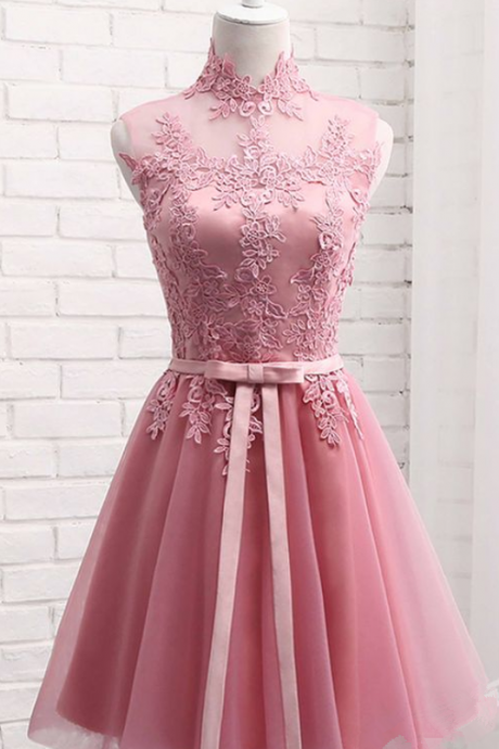 Pink High Neckline Lace Applique Homecoming Dresses, Cute Sweet 16 Formal Dresses, Knee Length Prom Dresses