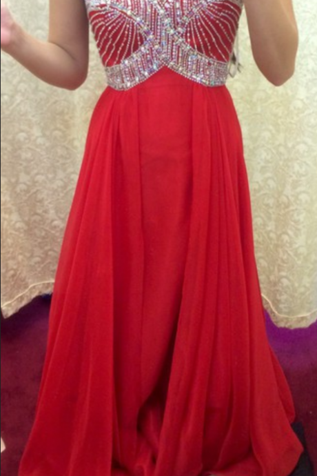 Sweetheart Neck Red Long Chiffon Prom Dresses With Crystals Floor Length Party Dresses
