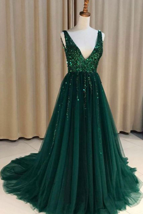 Special V Neck V Back Tulle Green Long Prom Dresses With Sequined For Women