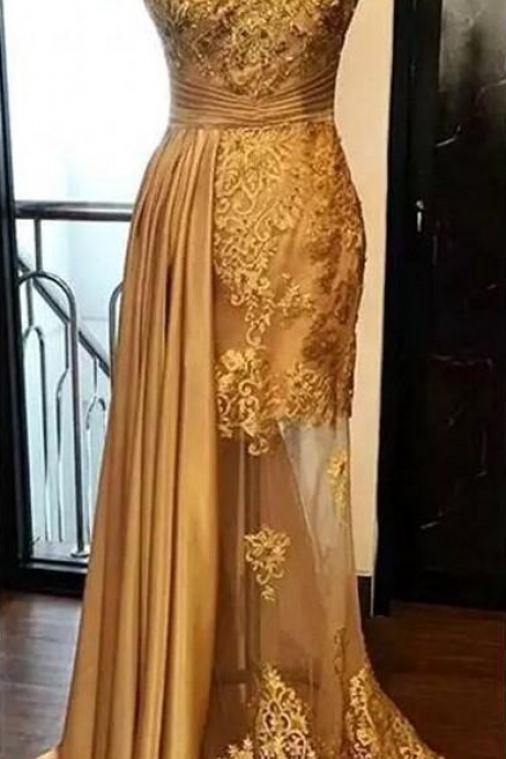 Gold Off Shoulder Prom Dresses Lace Appliques See Through Evening Gowns Ruffles Satin Formal Party Dress