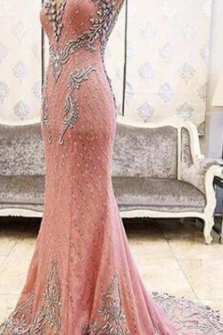 Gorgeous Beaded Crystals Mermaid Formal Evening Dresses Sheer Neck Cap Sleeves Custom Made Pink Prom Occasion Wears Pageant Party Gowns