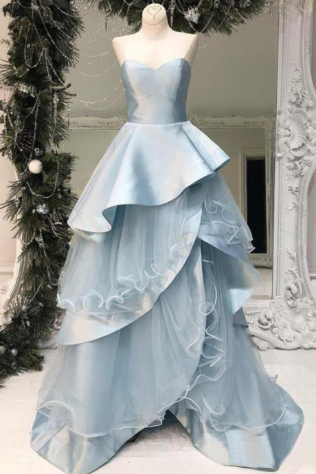 Pale Blue Tiered Ball Gown Sweetheart Strapless Prom Dresses