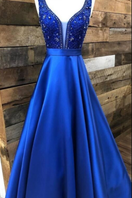 Stunning Pretty Straps Satin Royal Blue Long Prom Dress With Beading Top
