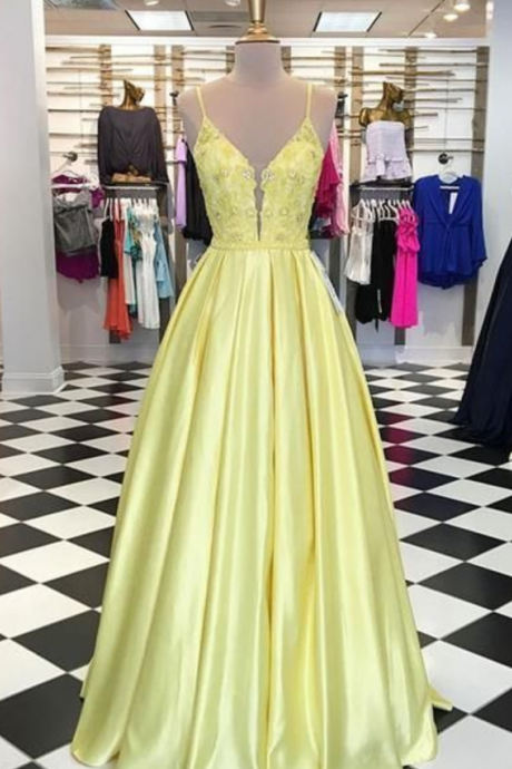 Beautiful Yellow V Neck Lace Applique Long Prom Dress, Custom Made Yellow Evening Dress