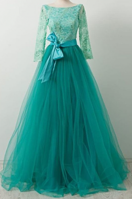 Pretty Green Tulle Lace Long Sleeves Tulle Bow A Line Formal Prom Dress For Teen