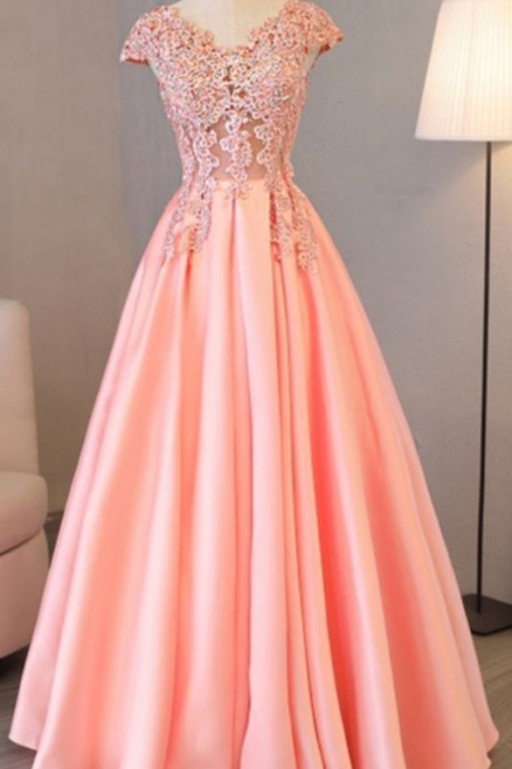Charming Floral Lace Prom Dress With Cap Sleeves,pink Appliques Long Evening Party Dress