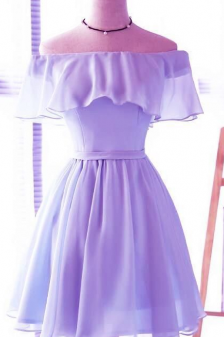 Lavender Chiffon Off Shoulder Short Bridesmaid Dresses, Cute Homecoming Dress,