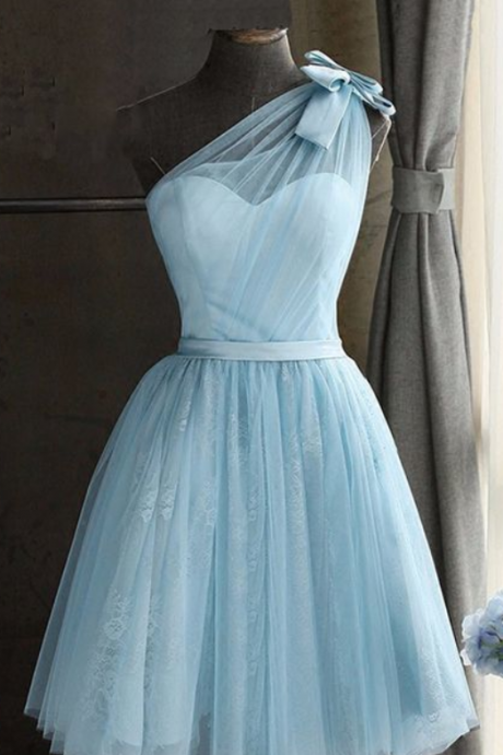 Baby Blue Tulle One Shoulder Short Prom Dress, Bowknot Homecoming Dresses