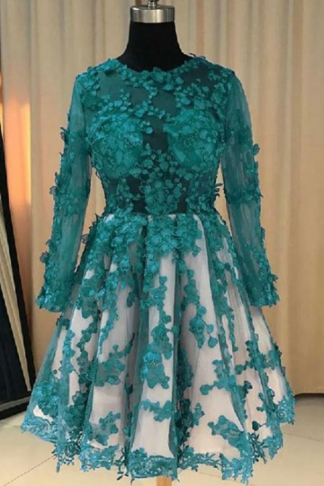 Lace Prom Dresses Green Round Neck Lace Tulle Short Prom Dress, Green Lace Bridesmaid Dress