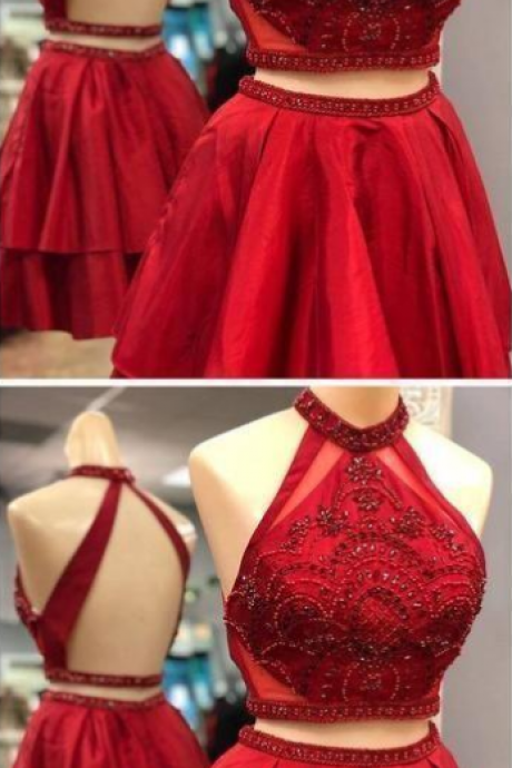 Charming Custom Made Two Piece Short Red Homecoming Dress With Open Back,