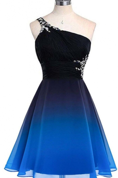 A Line Ombre Blue And Black Homecoming Dresses, One Shoulder Short Prom Dresses, Homecoming Dresses