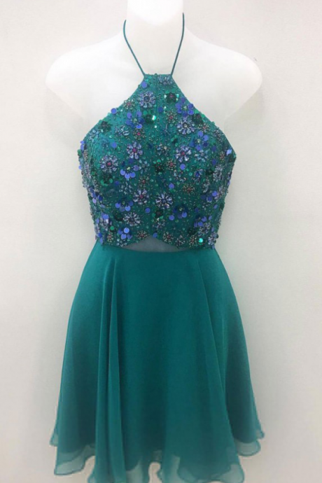 A Line Green Chiffon Short Prom Dresses,sequins Cute Mini Homecoming Dresses, Sleeveless Party Dress,homecoming Dresses