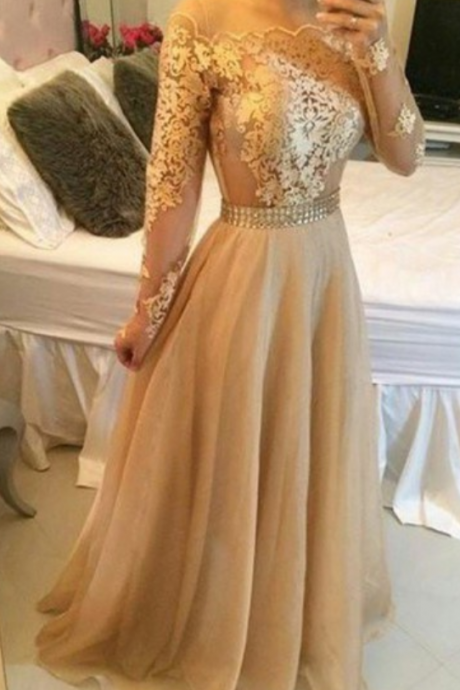 Appliques Gold Prom Dresses, Floor-length Prom Dresses, Real Made Evening Dresses,chiffon Backless Evening Dresses