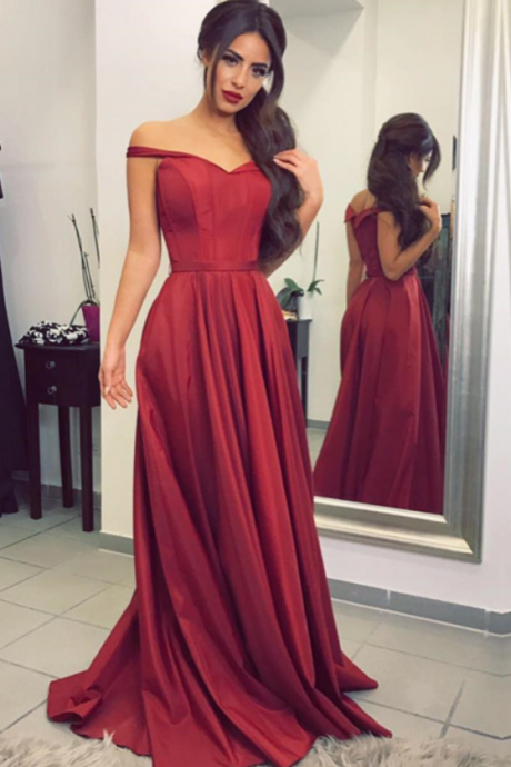 Burgundy Prom Dress,bridesmaid Dress,satin Prom Dress,off The Shoulder Evening Gowns,sexy Long Formal Dress