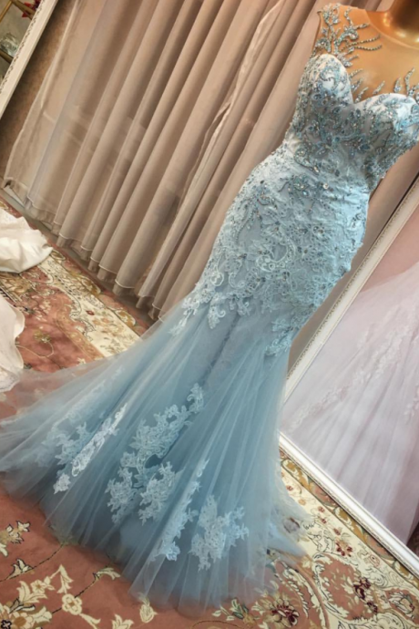 Sky Blue Tulle Beading Lace Appliques Elegant Women Formal Gowns Sheer Back Evening Party Dress