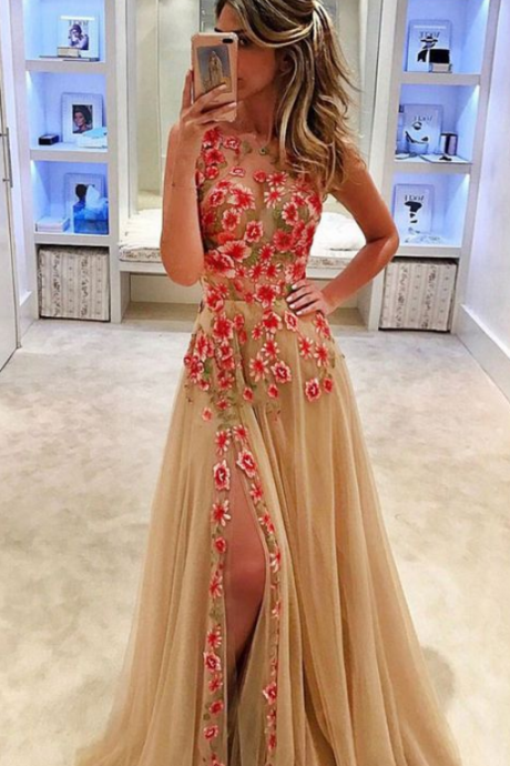Embroidery Lace Prom Dress, A Line Prom Dress, Champagne Prom Dress, Sleeveless Prom Dress, Tulle Prom Dress, Prom Dresses