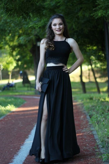 New Elegant Black Two Piece Prom Dress, Long Party Dress, Formal Gown With Spaghetti Straps 2 pieces High Quallity Chiffon fabric Free Shipping