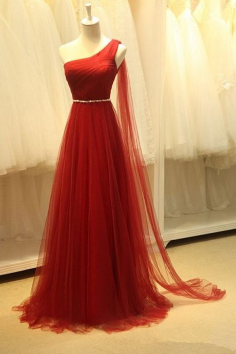 Pretty Tulle One Shoulder Prom Dress, Wine Red Long Simple Prom Dresses , Sexy Backless Prom Dresses,beading Evening Dress