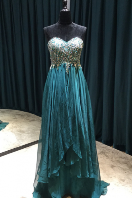 A-line Prom Dresses Sweetheart Sleeveless Backless Sweep Train Chiffon And Crystals Party Evening Dresses